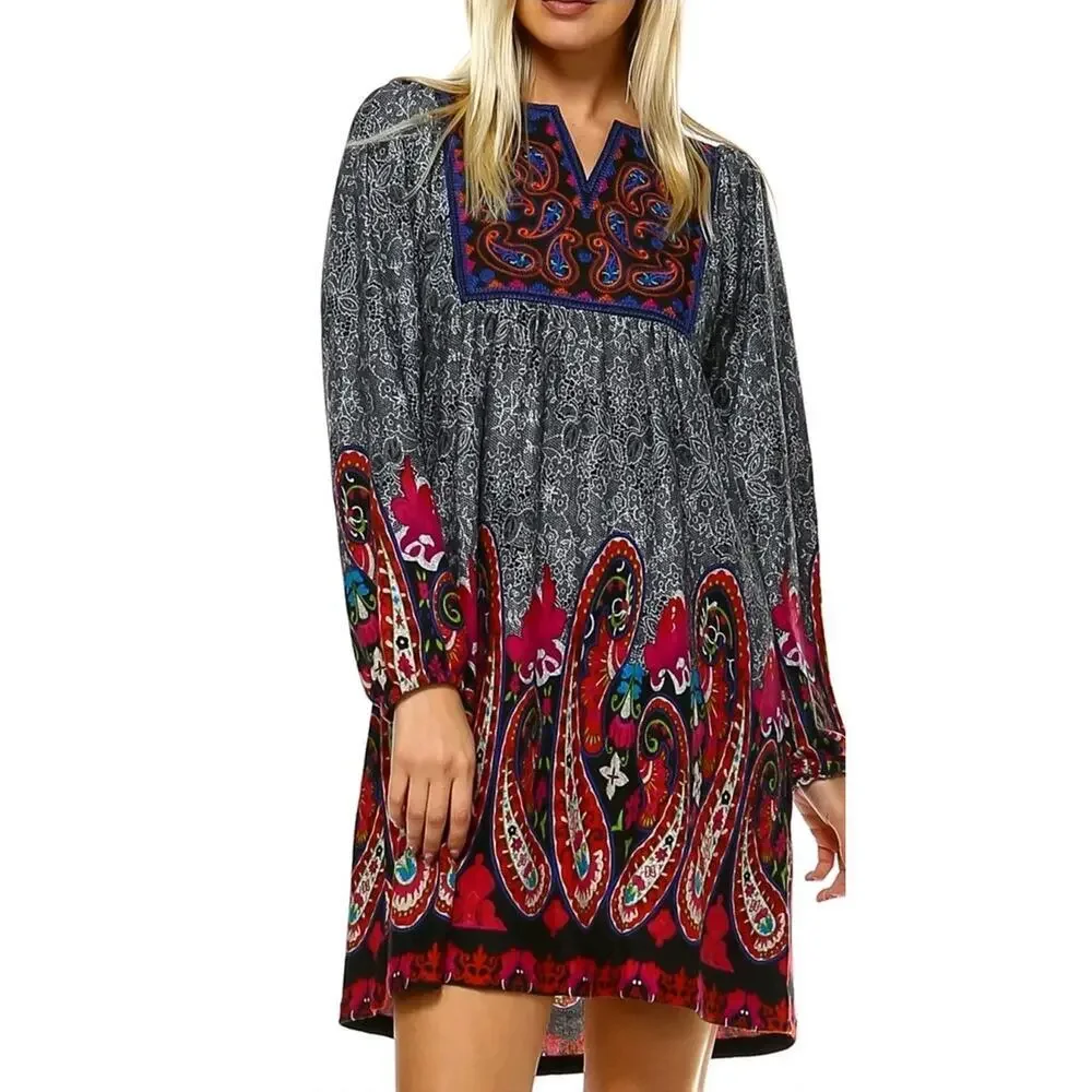 White Mark Boho Dress Womens Large Peasant Colorful Embroidered Paisley Babydoll - Picture 2 of 10